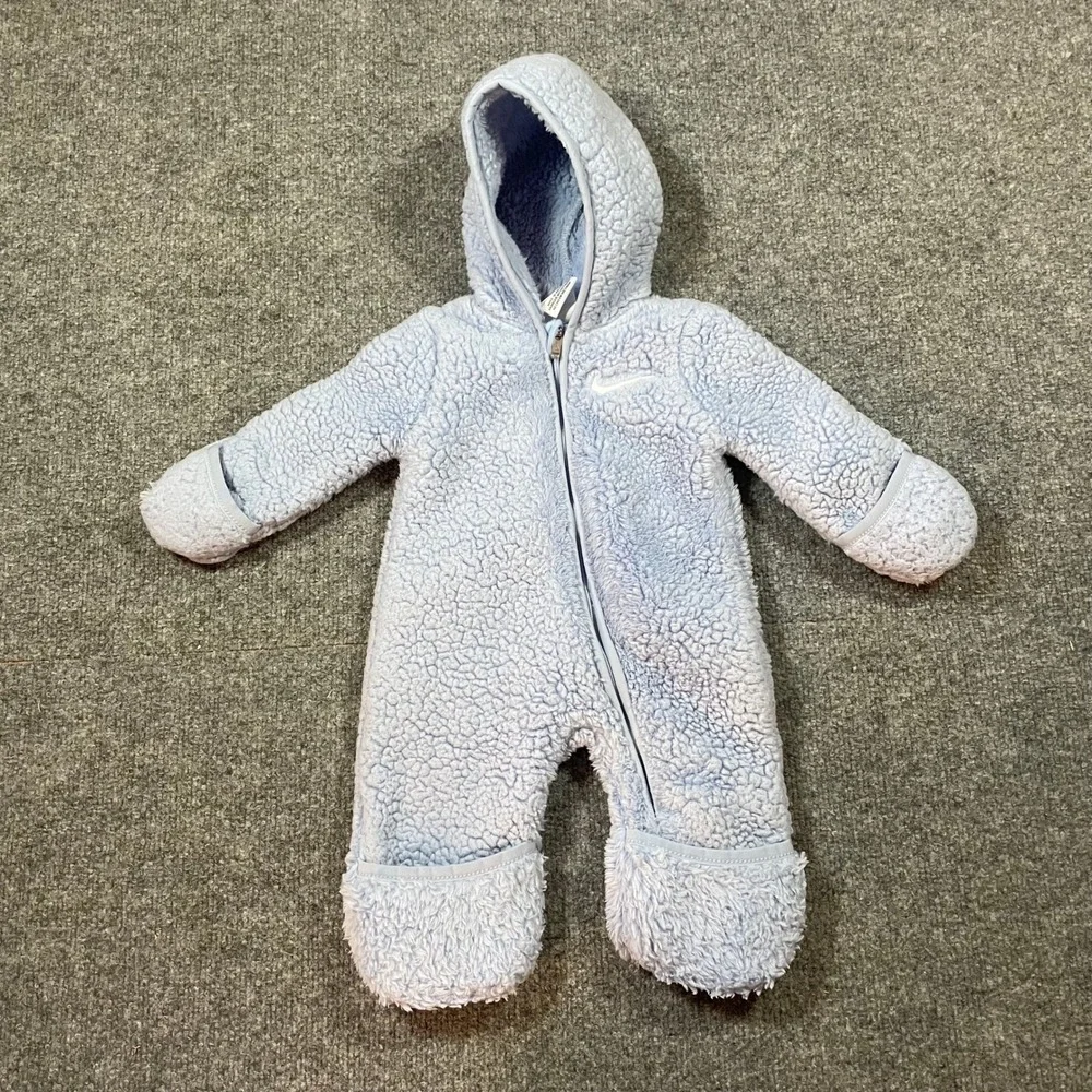 Nike Sherpa Fleece Bunting Snow Suit Coverall Baby 3M Light Blue Hooded Full Zip